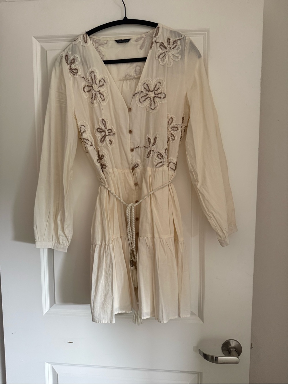 Zara Cream Long-Sleeve Embroidered Button Dress